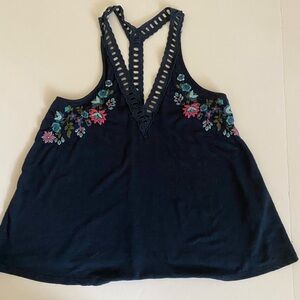 Hollister Navy Blue Floral Embroidered Tank Top Small